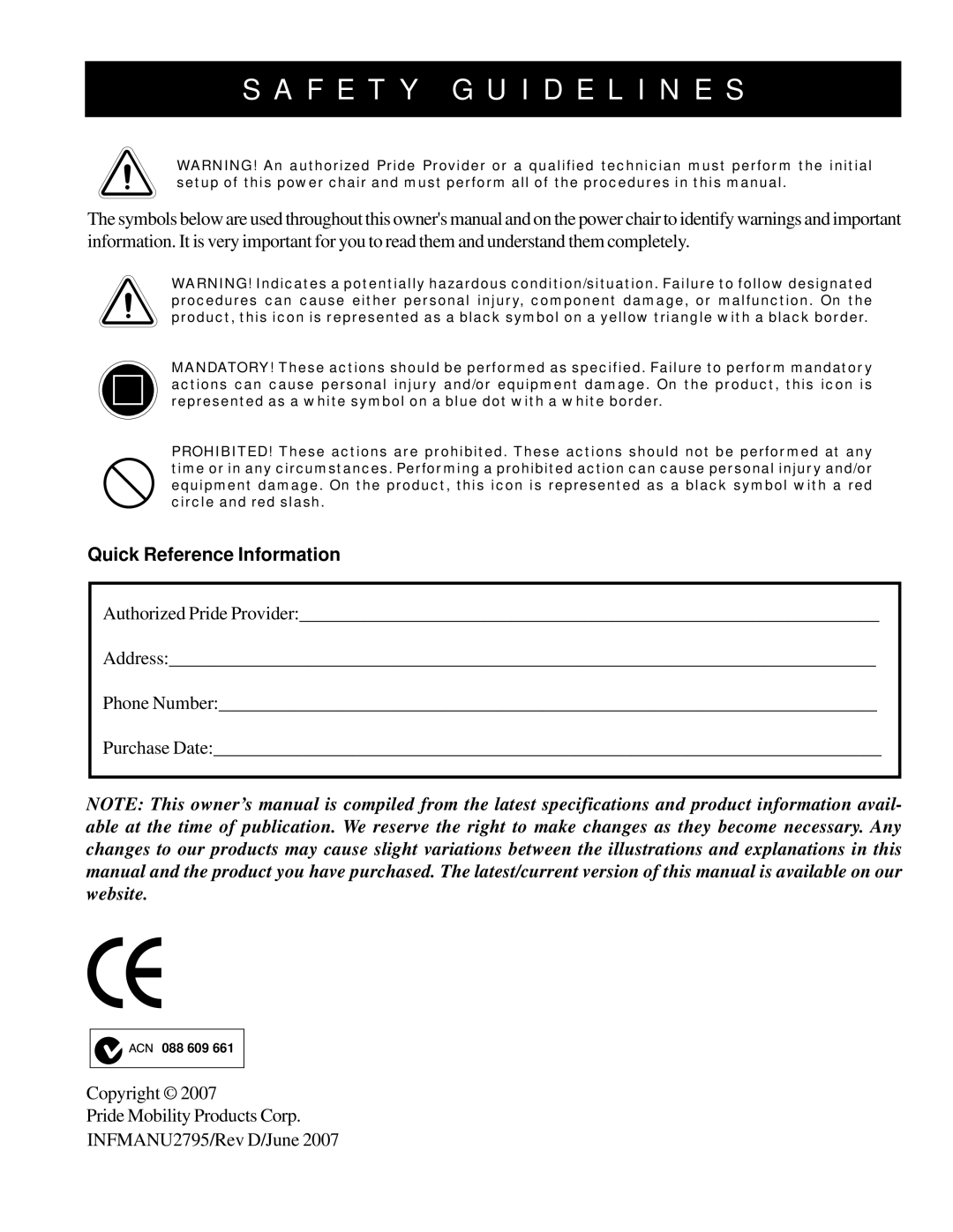 Pride Mobility 1143 manual F E T Y G U I D E L I N E S, Quick Reference Information 