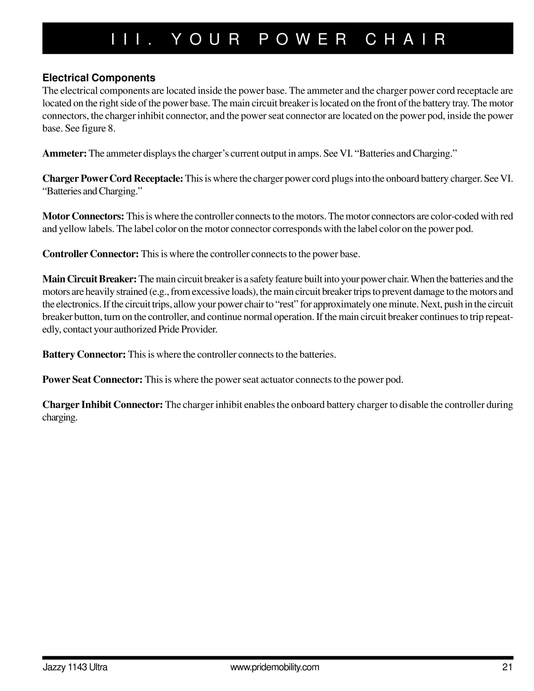 Pride Mobility 1143 manual Electrical Components 