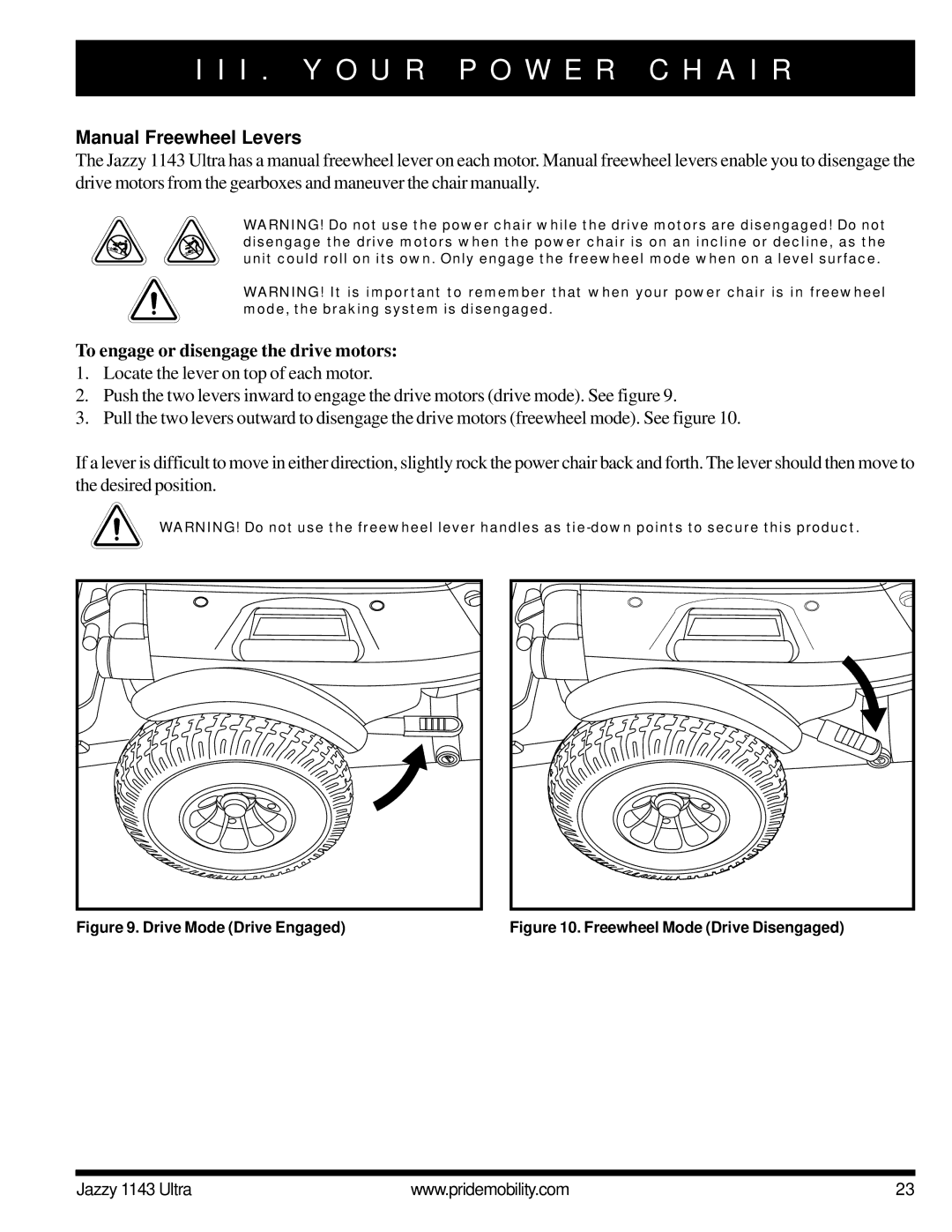 Pride Mobility 1143 manual Manual Freewheel Levers, To engage or disengage the drive motors 