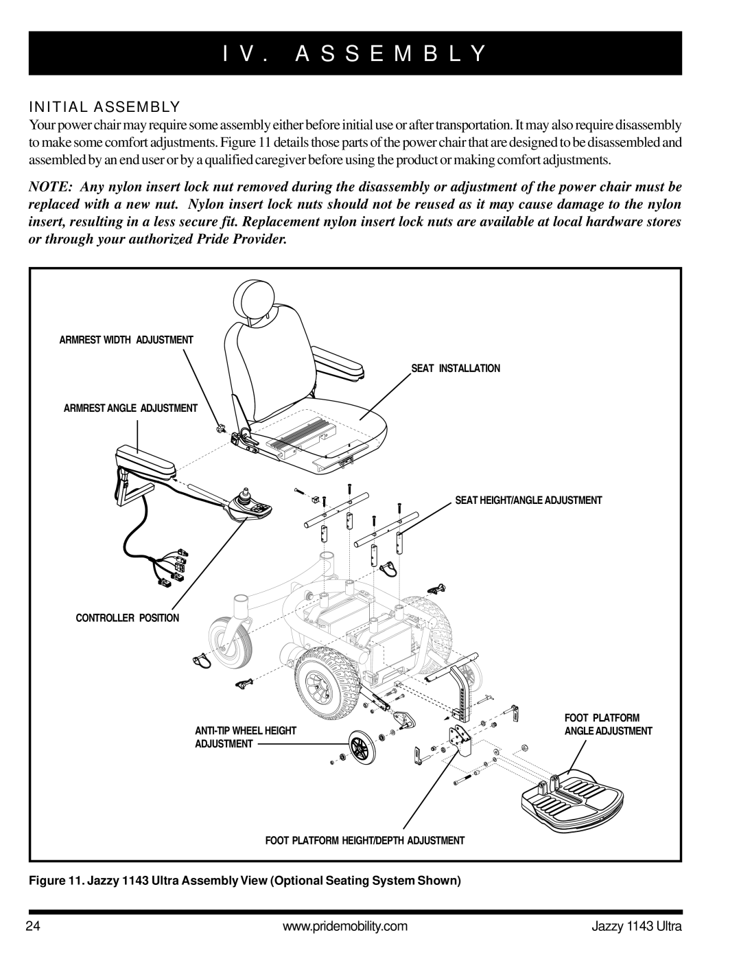 Pride Mobility 1143 manual A S S E M B L Y, Initial Assembly 