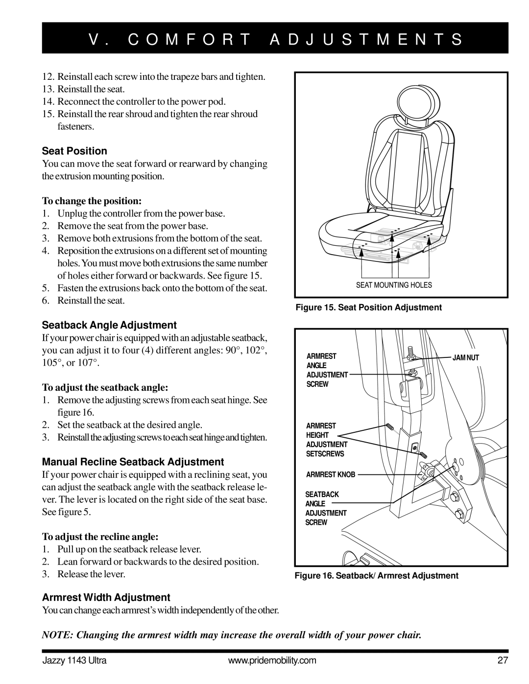 Pride Mobility 1143 Seat Position, Seatback Angle Adjustment, Manual Recline Seatback Adjustment, Armrest Width Adjustment 