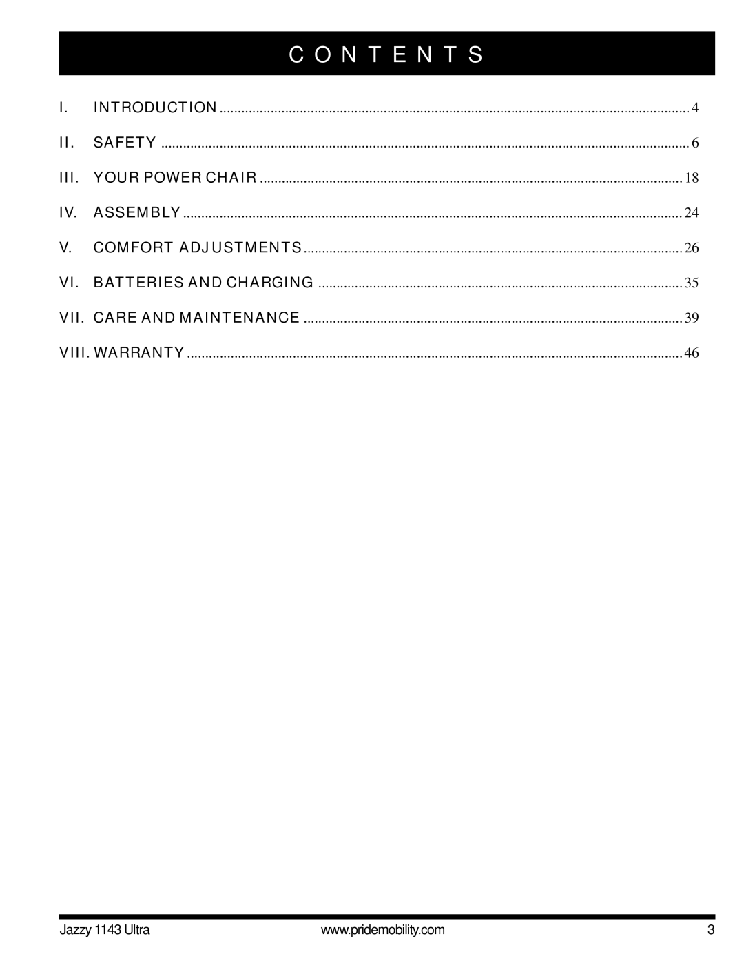 Pride Mobility 1143 manual N T E N T S, Iii 