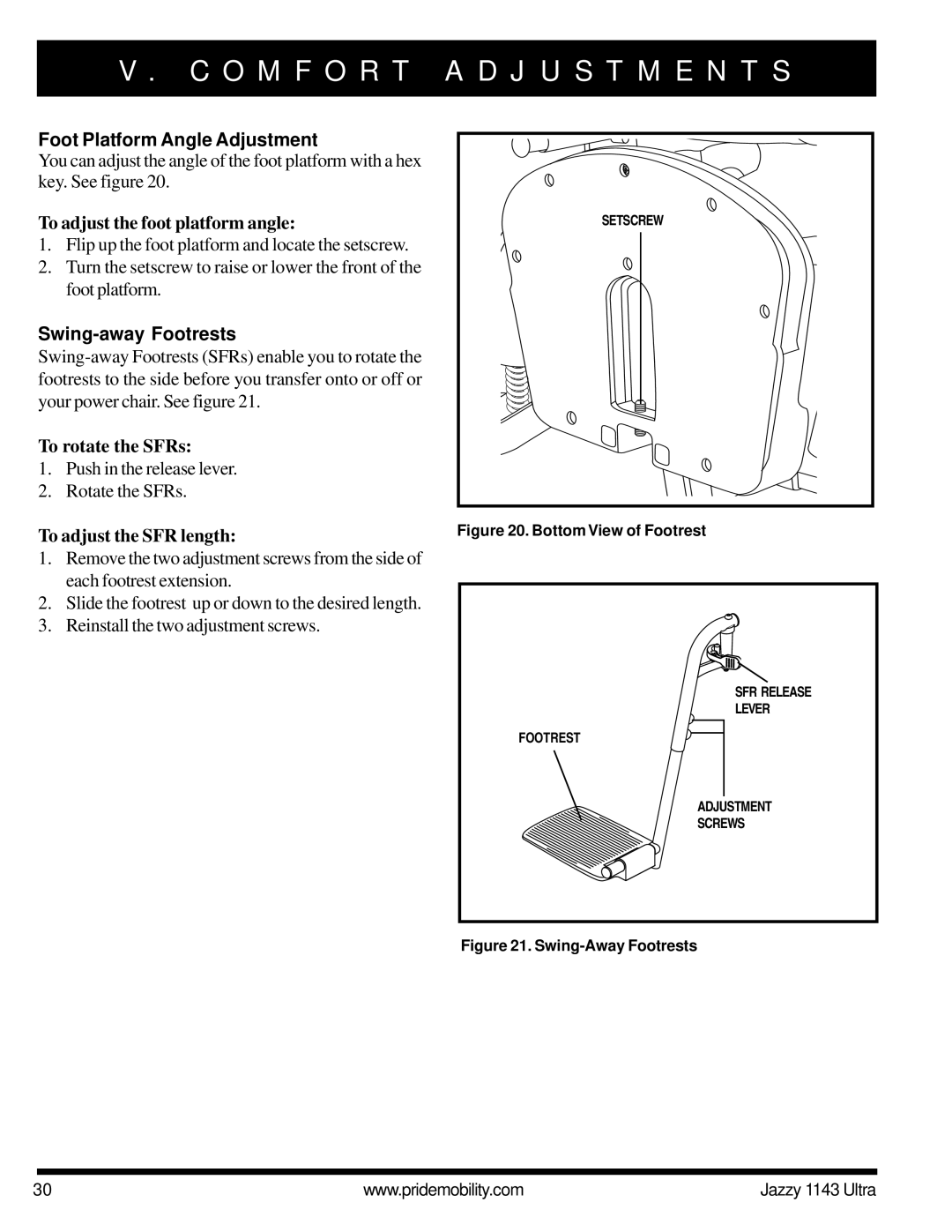 Pride Mobility 1143 manual Foot Platform Angle Adjustment, To adjust the foot platform angle, Swing-away Footrests 