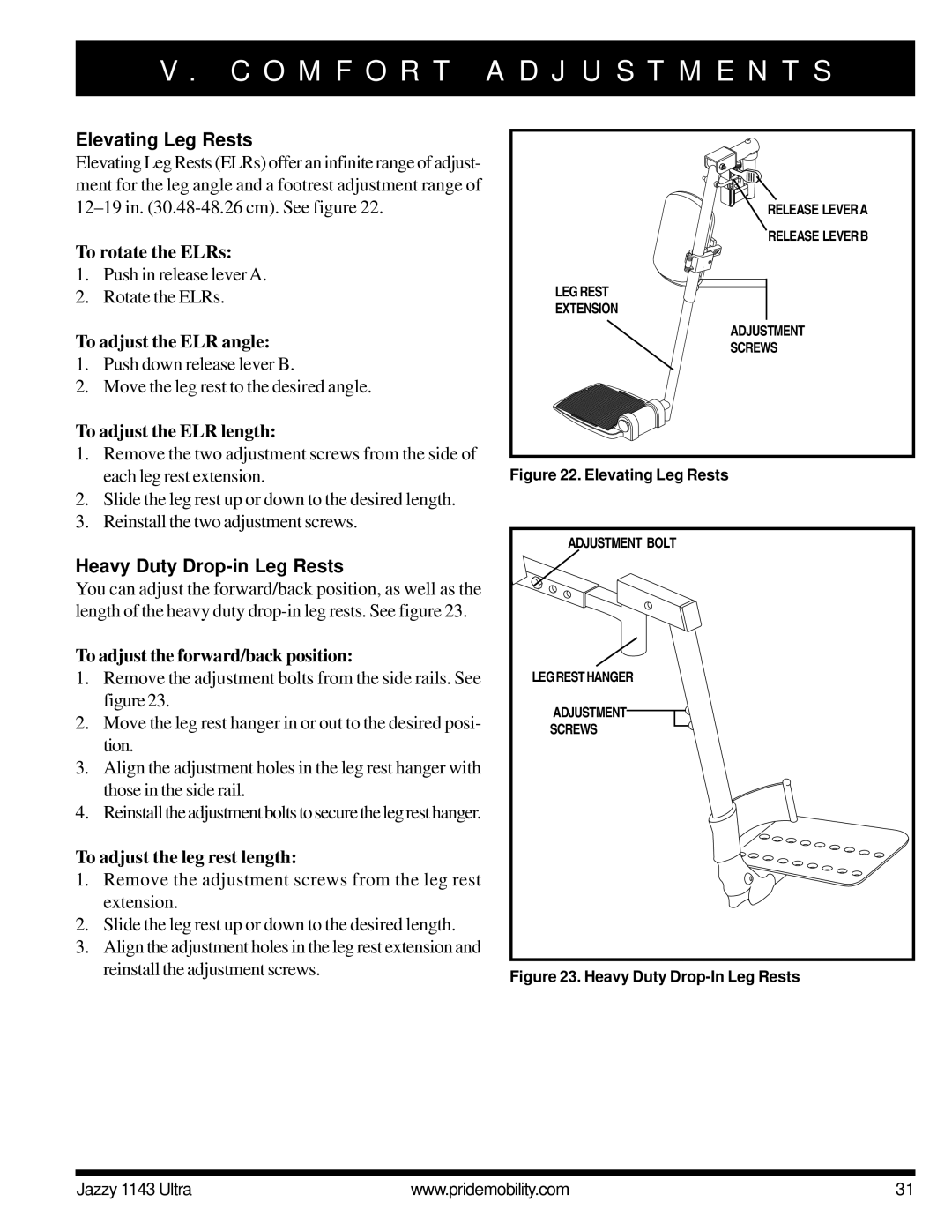 Pride Mobility 1143 manual Elevating Leg Rests, Heavy Duty Drop-in Leg Rests 