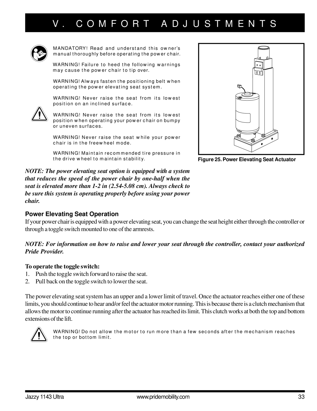 Pride Mobility 1143 manual Power Elevating Seat Operation, To operate the toggle switch 