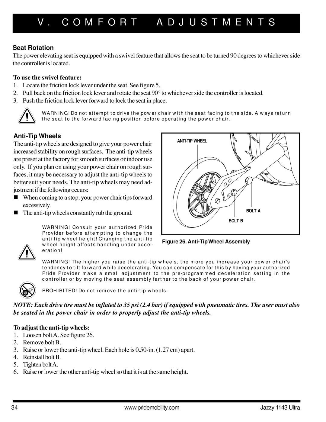 Pride Mobility 1143 manual Seat Rotation, To use the swivel feature, Anti-Tip Wheels, To adjust the anti-tip wheels 