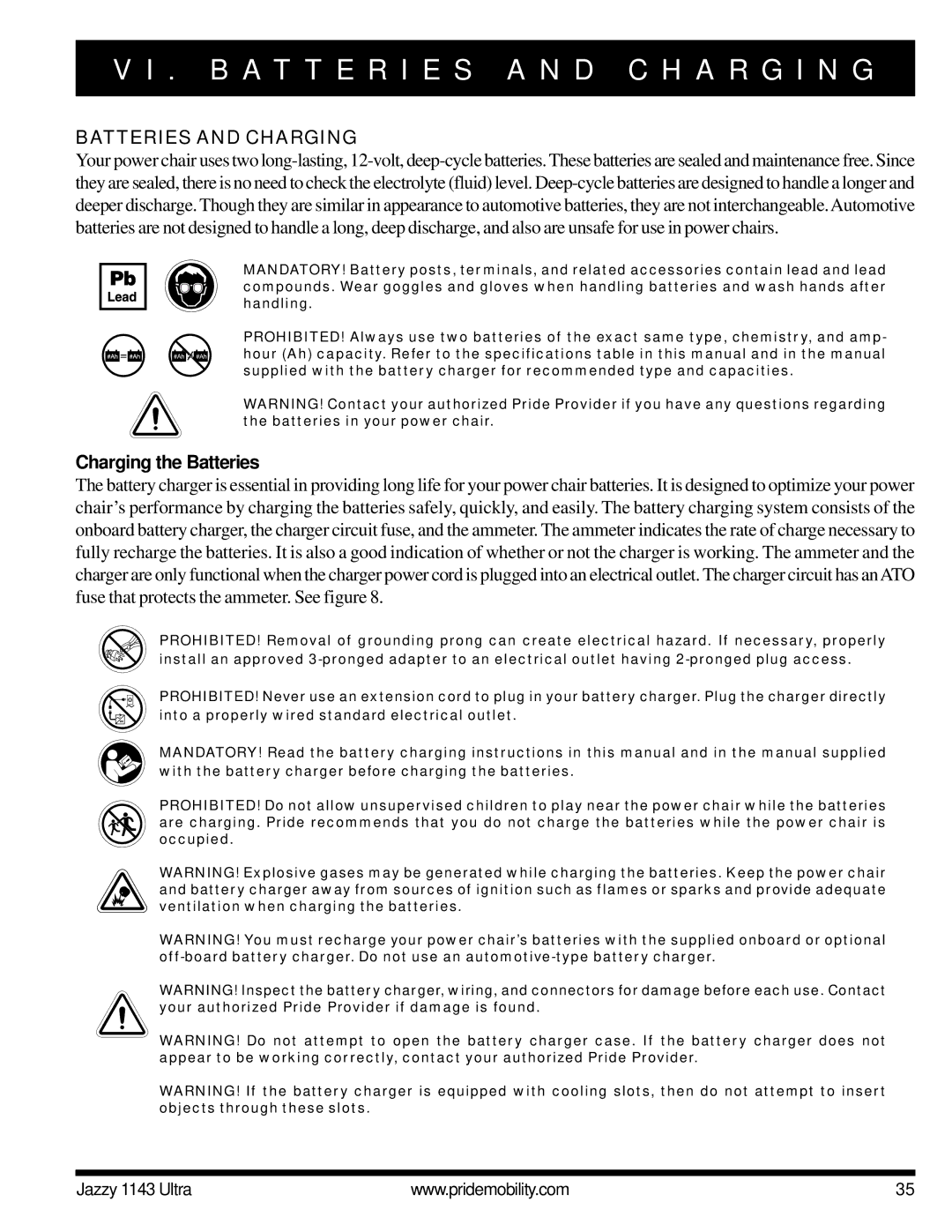 Pride Mobility 1143 manual B a T T E R I E S a N D C H a R G I N G, Batteries and Charging, Charging the Batteries 