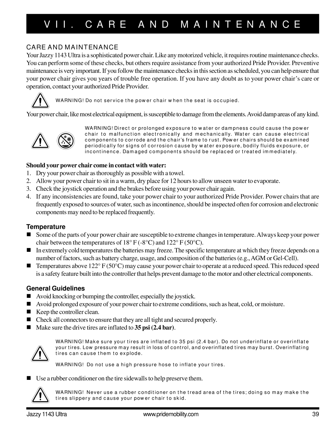 Pride Mobility 1143 manual I . C a R E a N D M a I N T E N a N C E, Care and Maintenance, Temperature, General Guidelines 