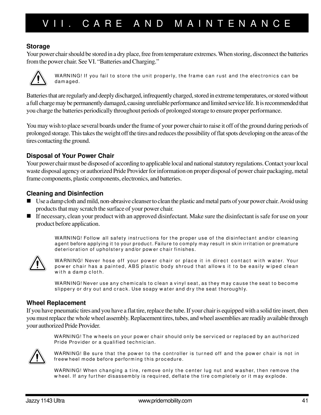 Pride Mobility 1143 manual Storage, Disposal of Your Power Chair, Cleaning and Disinfection, Wheel Replacement 