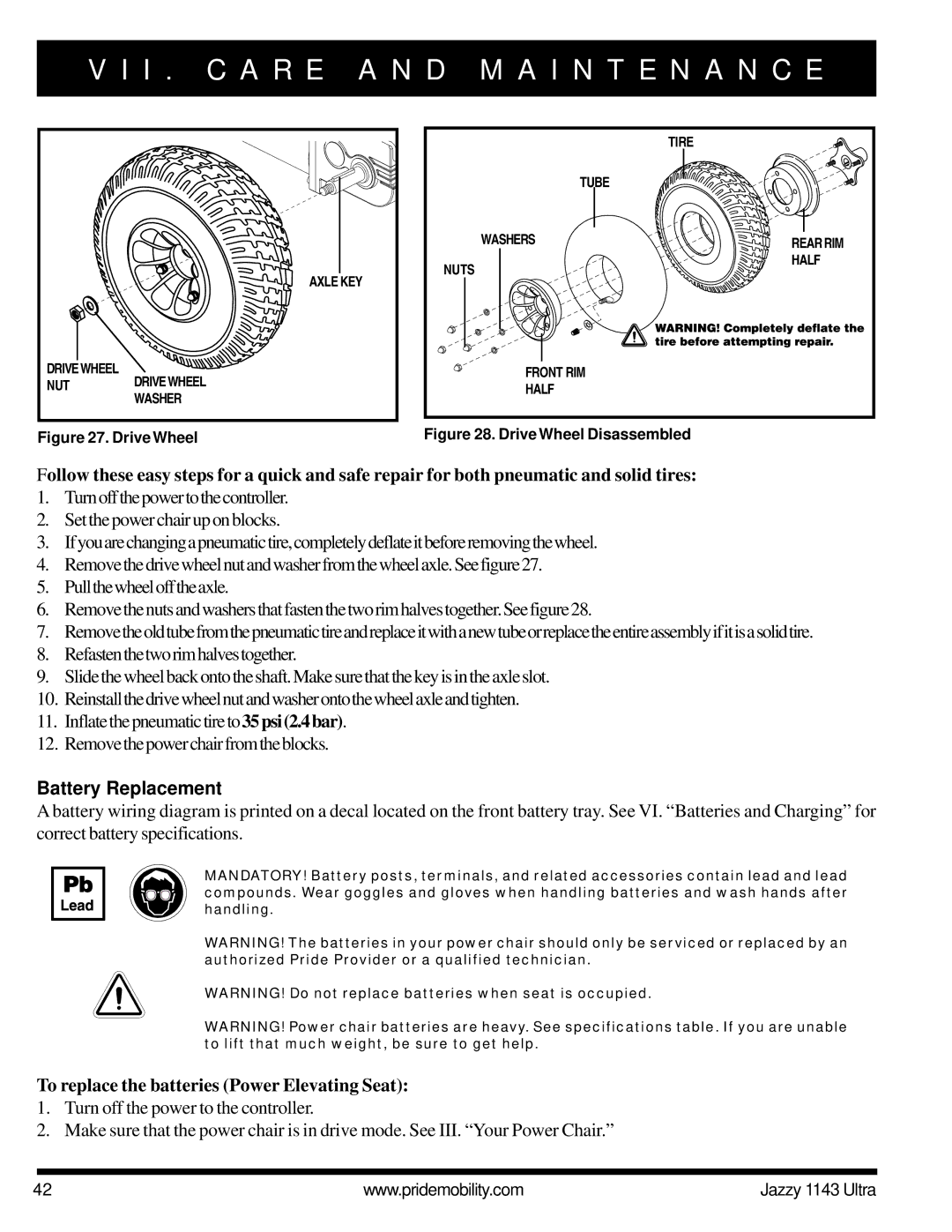 Pride Mobility 1143 manual Battery Replacement, To replace the batteries Power Elevating Seat 