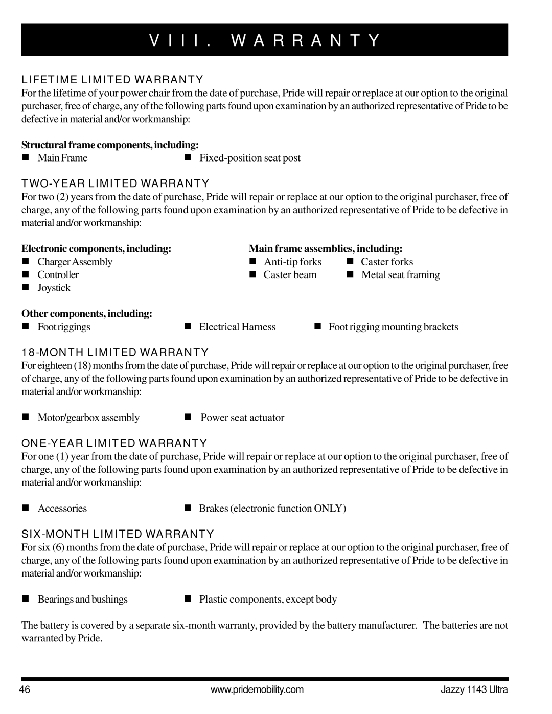 Pride Mobility 1143 manual I I . W a R R a N T Y 