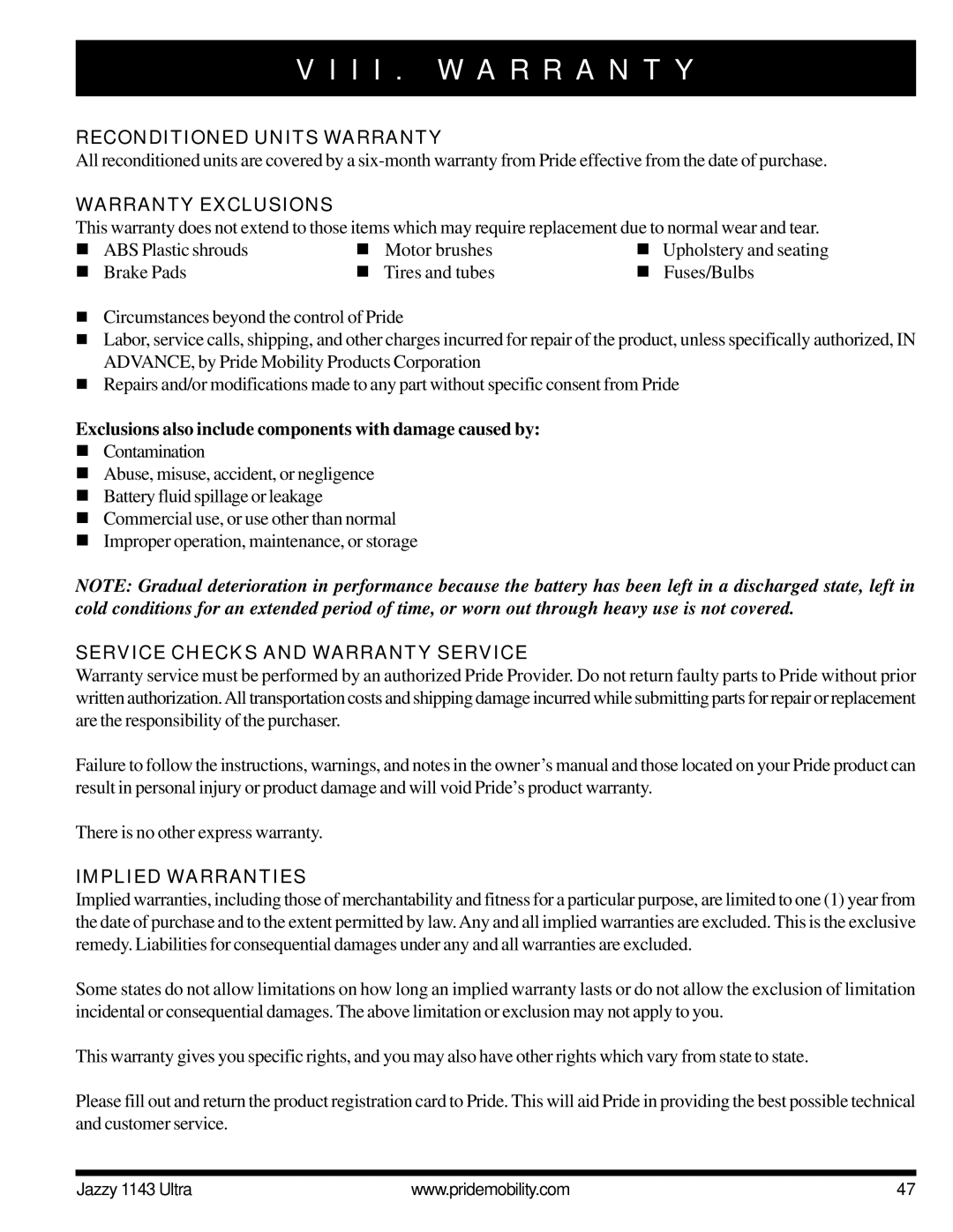 Pride Mobility 1143 manual Reconditioned Units Warranty, Warranty Exclusions, Service Checks and Warranty Service 