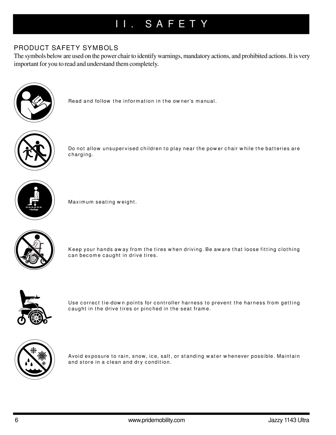 Pride Mobility 1143 manual S a F E T Y, Product Safety Symbols 