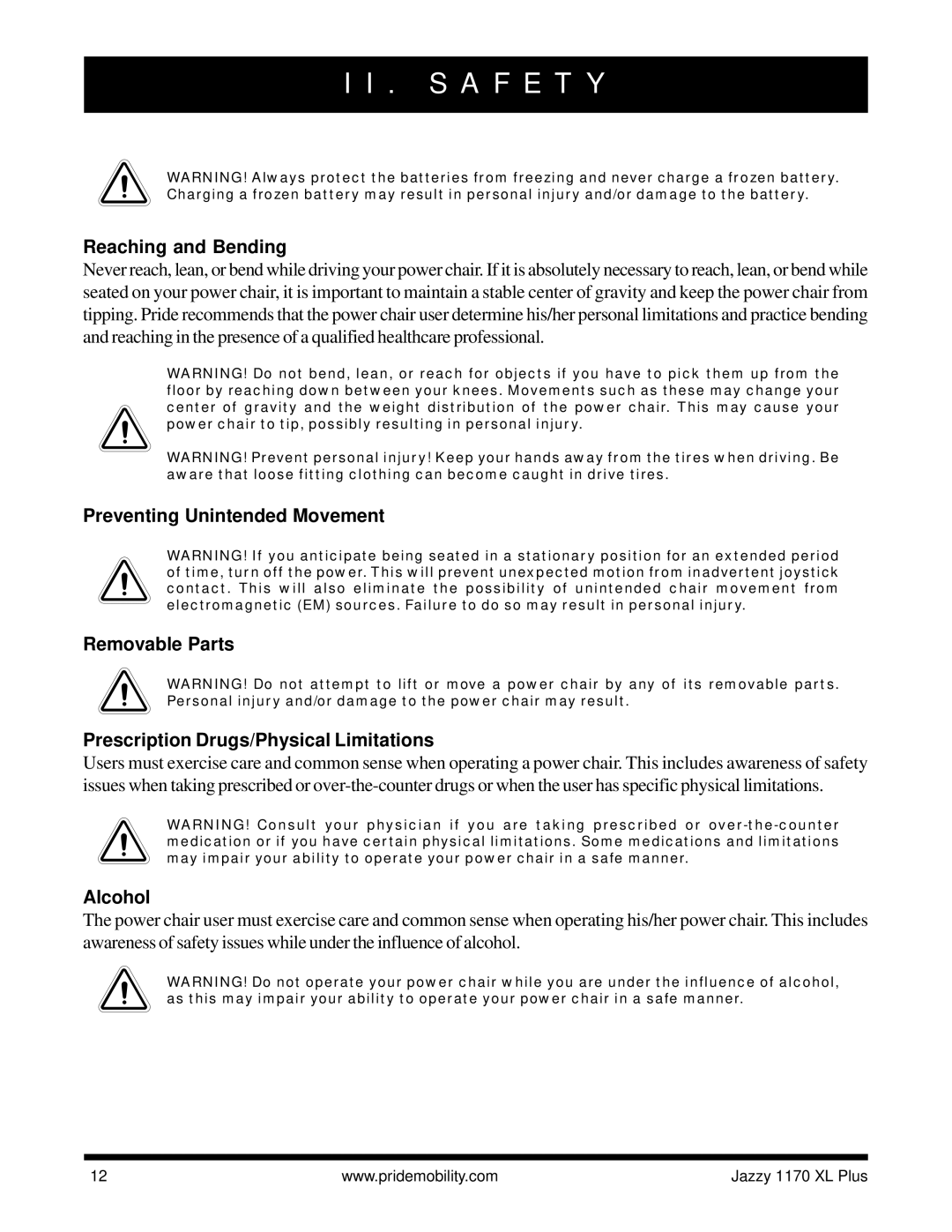 Pride Mobility 1170 XL PLUS owner manual Reaching and Bending, Alcohol 