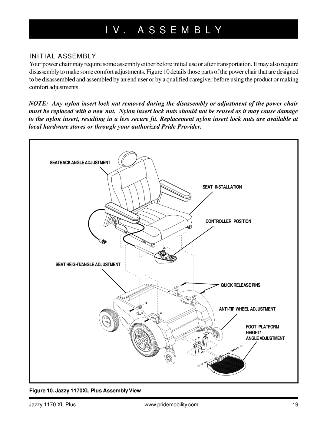 Pride Mobility 1170 XL PLUS owner manual A S S E M B L Y, Initial Assembly 