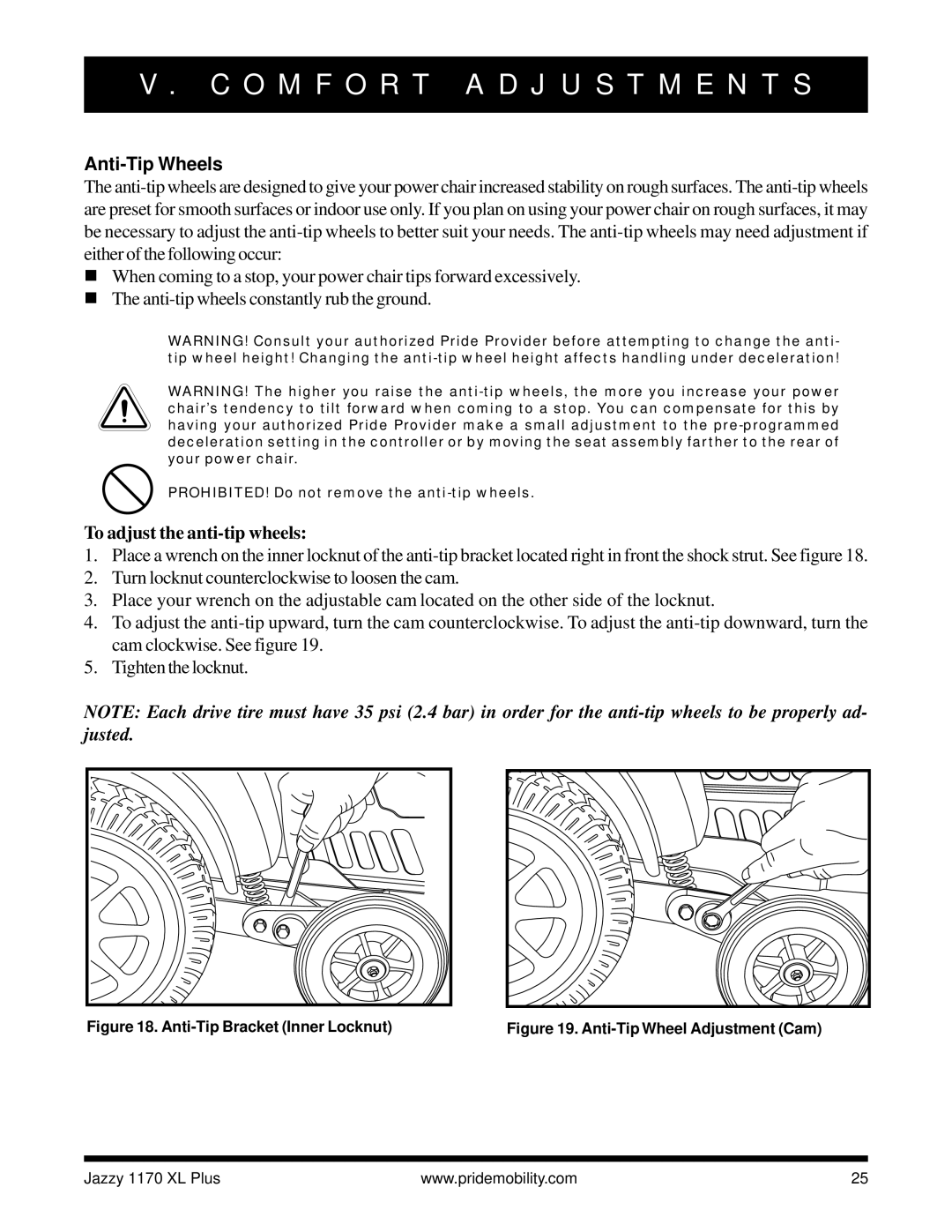 Pride Mobility 1170 XL PLUS owner manual Anti-Tip Wheels, To adjust the anti-tip wheels 