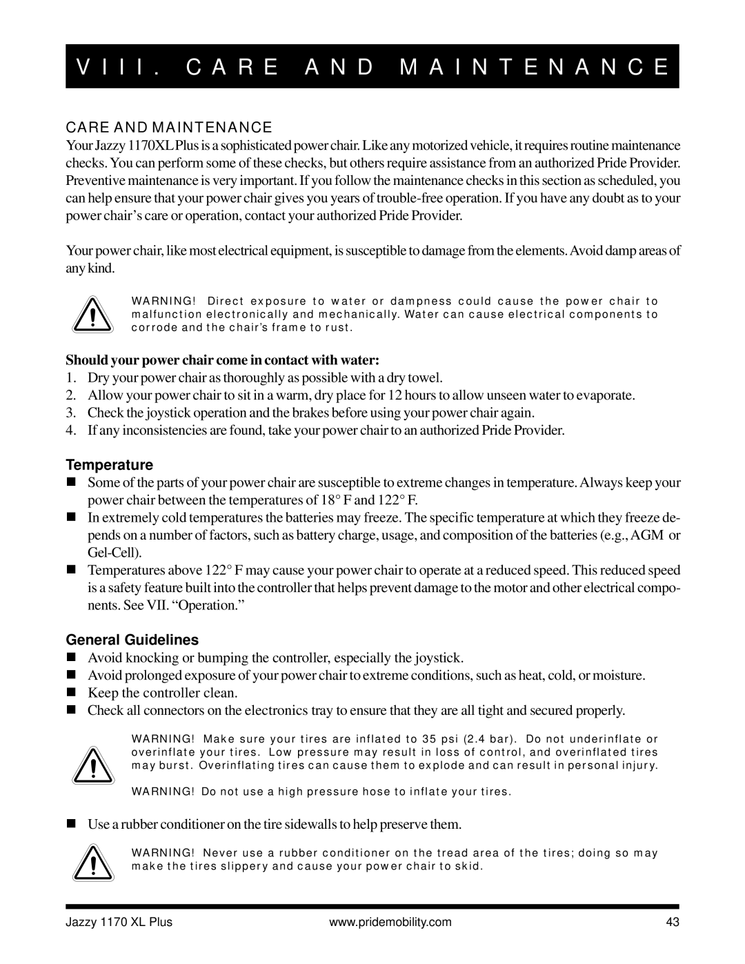 Pride Mobility 1170 XL PLUS owner manual I I . C a R E a N D M a I N T E N a N C E, Care and Maintenance, Temperature 