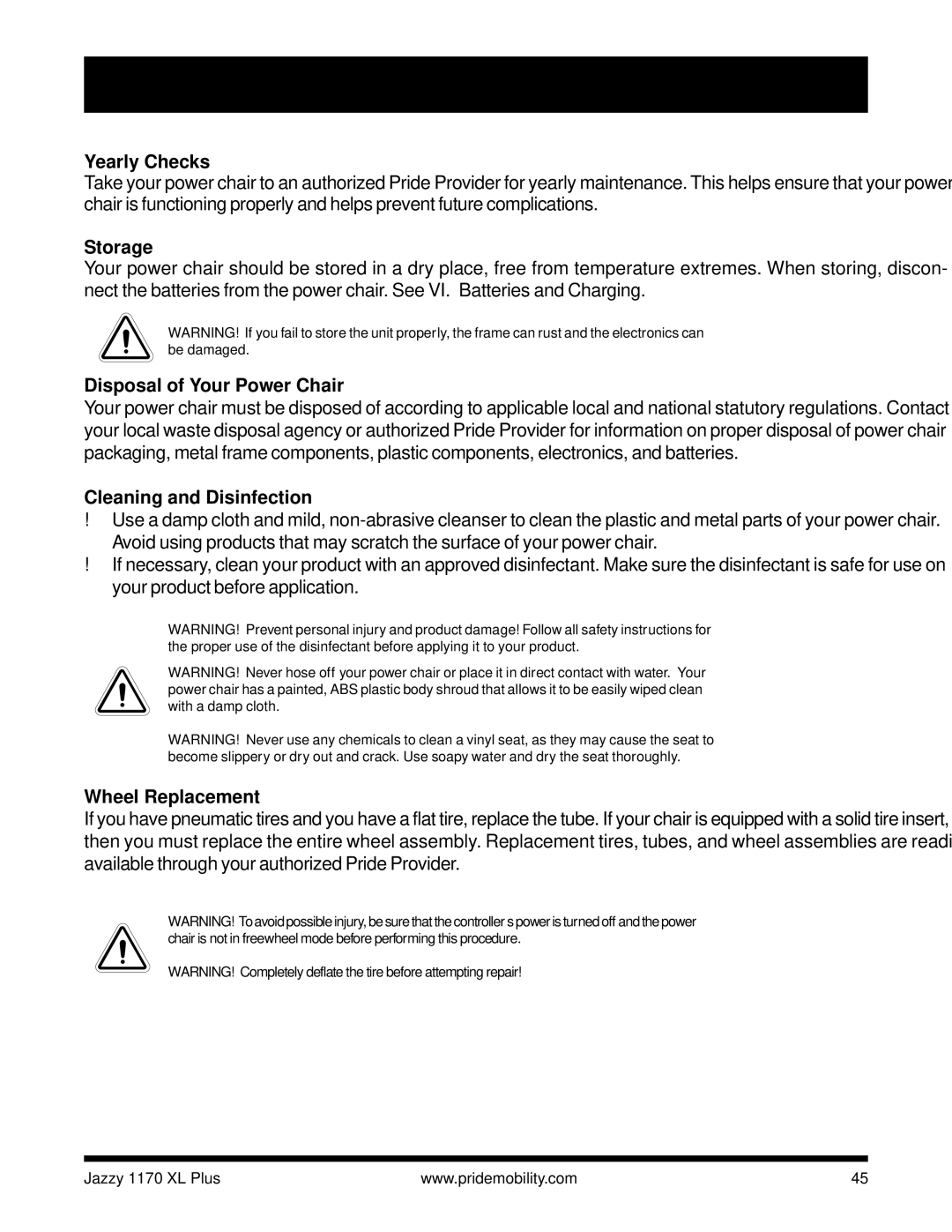Pride Mobility 1170 XL PLUS owner manual Yearly Checks, Storage, Disposal of Your Power Chair, Cleaning and Disinfection 