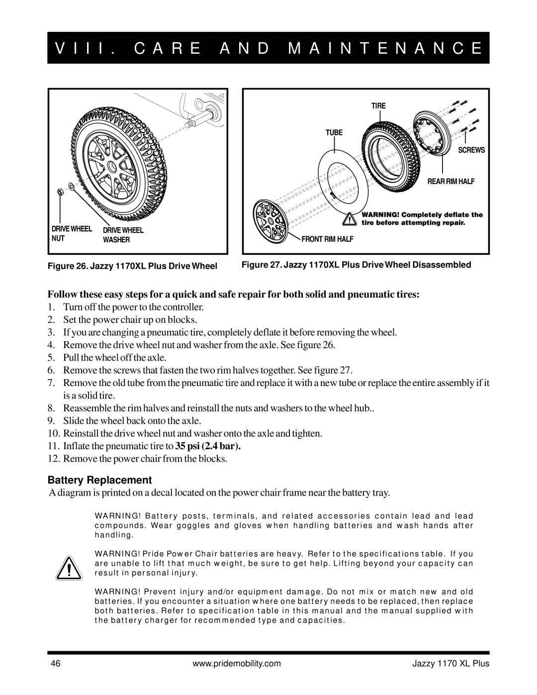 Pride Mobility 1170 XL PLUS owner manual Battery Replacement, Jazzy 1170XL Plus Drive Wheel 