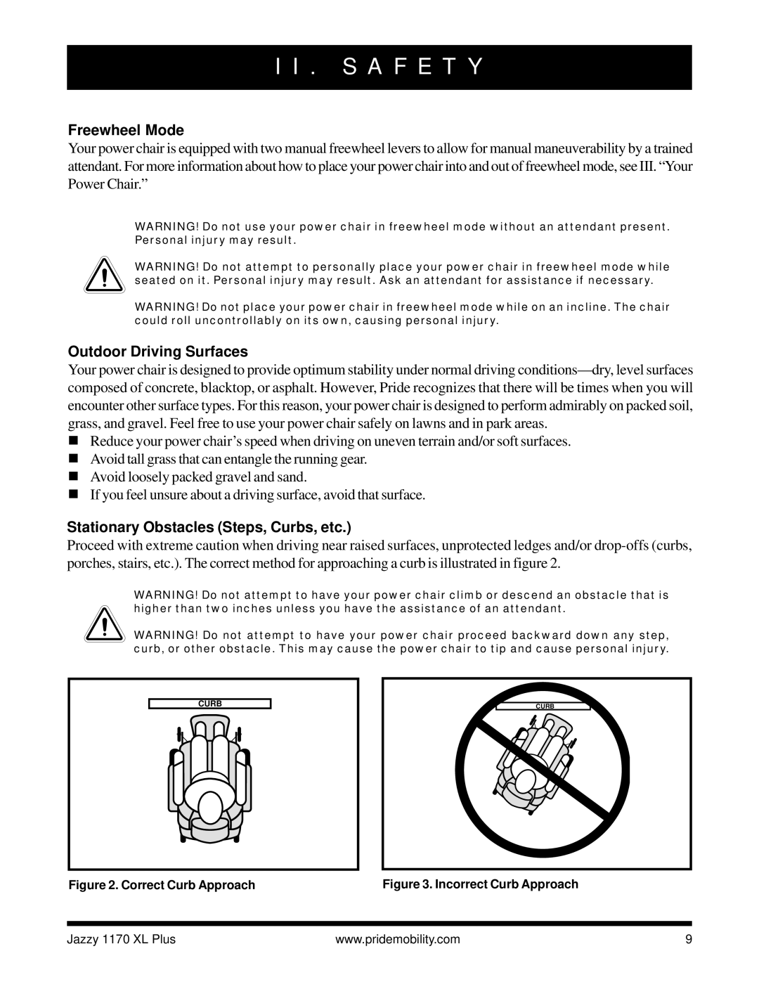Pride Mobility 1170 XL PLUS owner manual Freewheel Mode, Outdoor Driving Surfaces, Stationary Obstacles Steps, Curbs, etc 