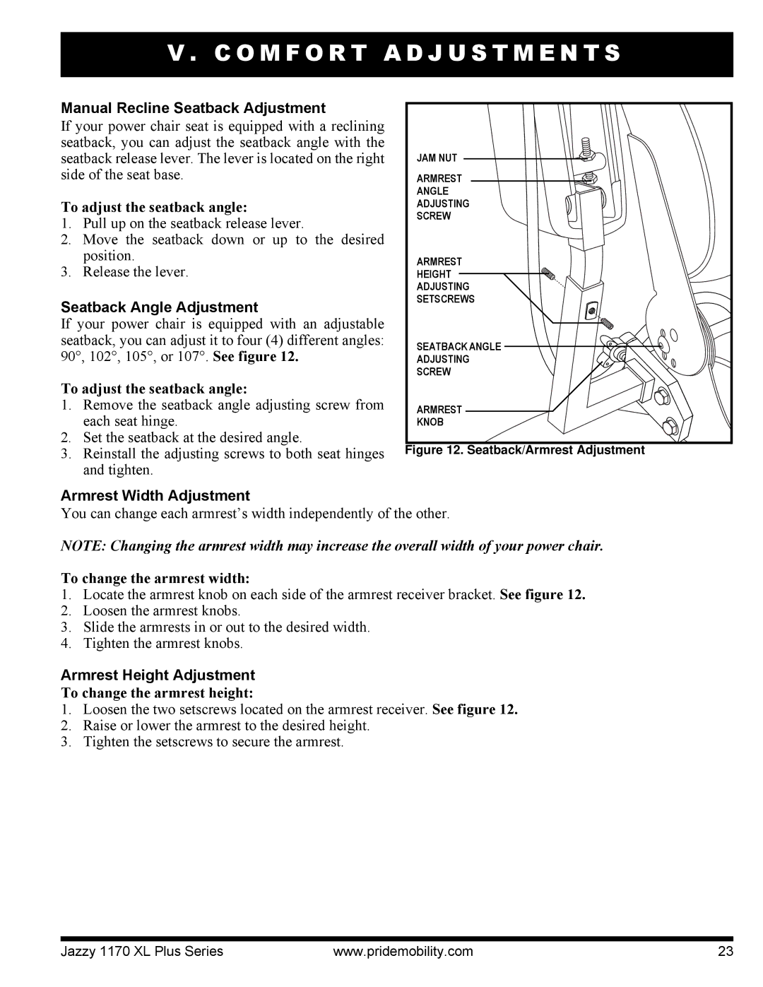 Pride Mobility 1170XL manual Manual Recline Seatback Adjustment, Seatback Angle Adjustment, Armrest Width Adjustment 