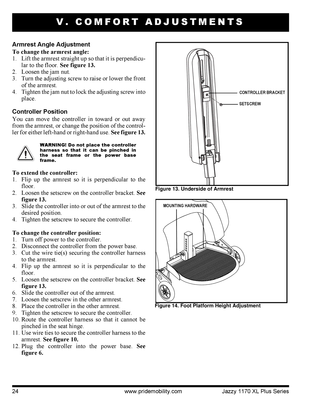 Pride Mobility 1170XL Armrest Angle Adjustment, To change the armrest angle, Controller Position, To extend the controller 