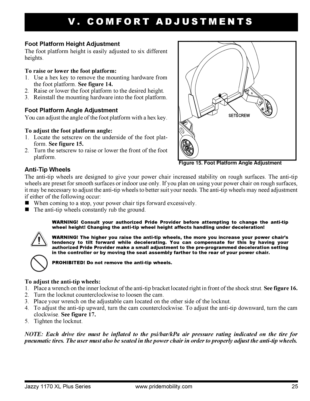 Pride Mobility 1170XL manual Foot Platform Height Adjustment, Foot Platform Angle Adjustment, Anti-Tip Wheels 