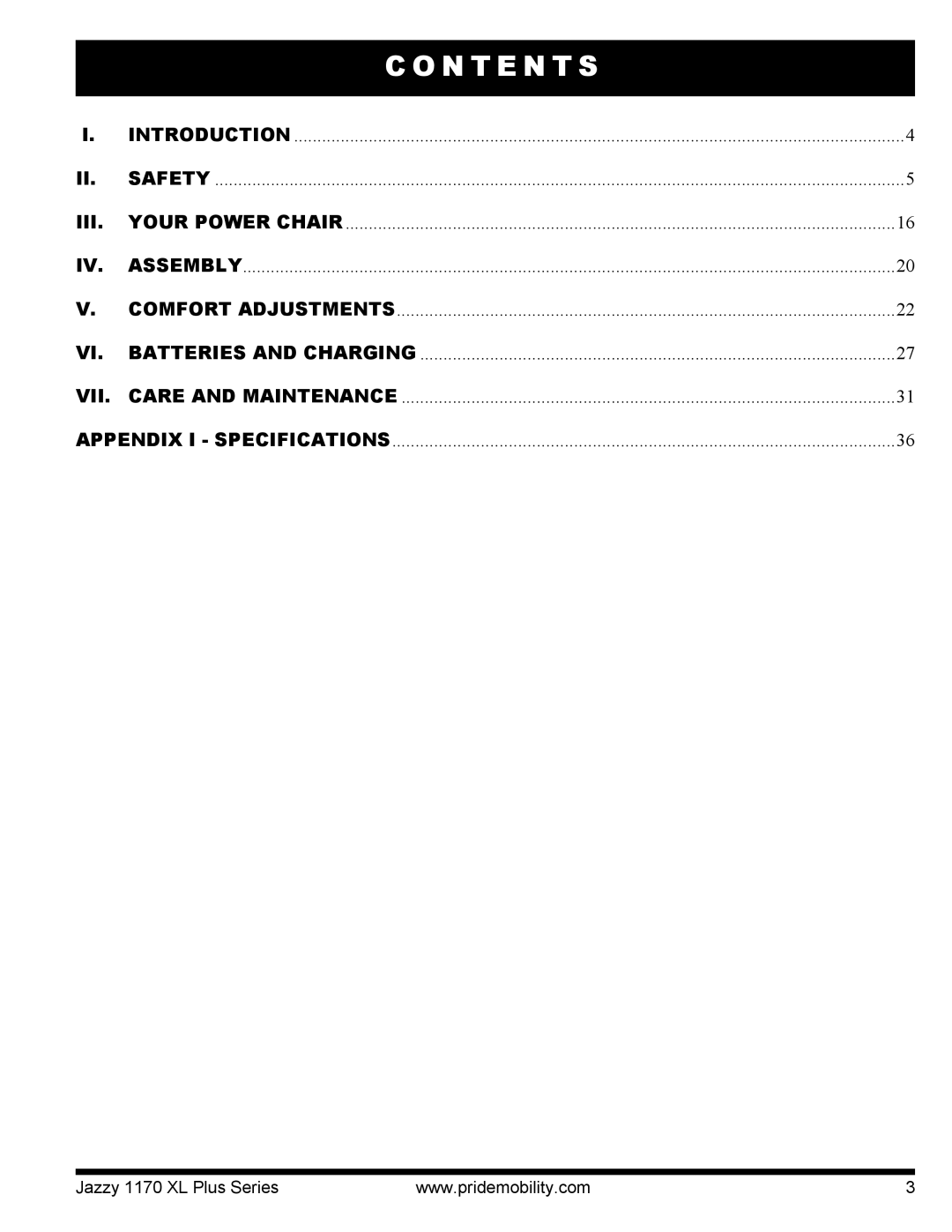 Pride Mobility 1170XL manual N T E N T S, Iii 