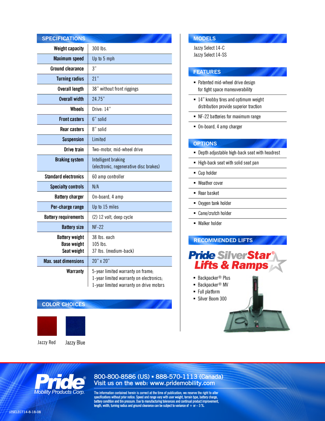 Pride Mobility 14 Series manual Specifications, Color Choices, Models, Features, Options, Recommended Lifts 