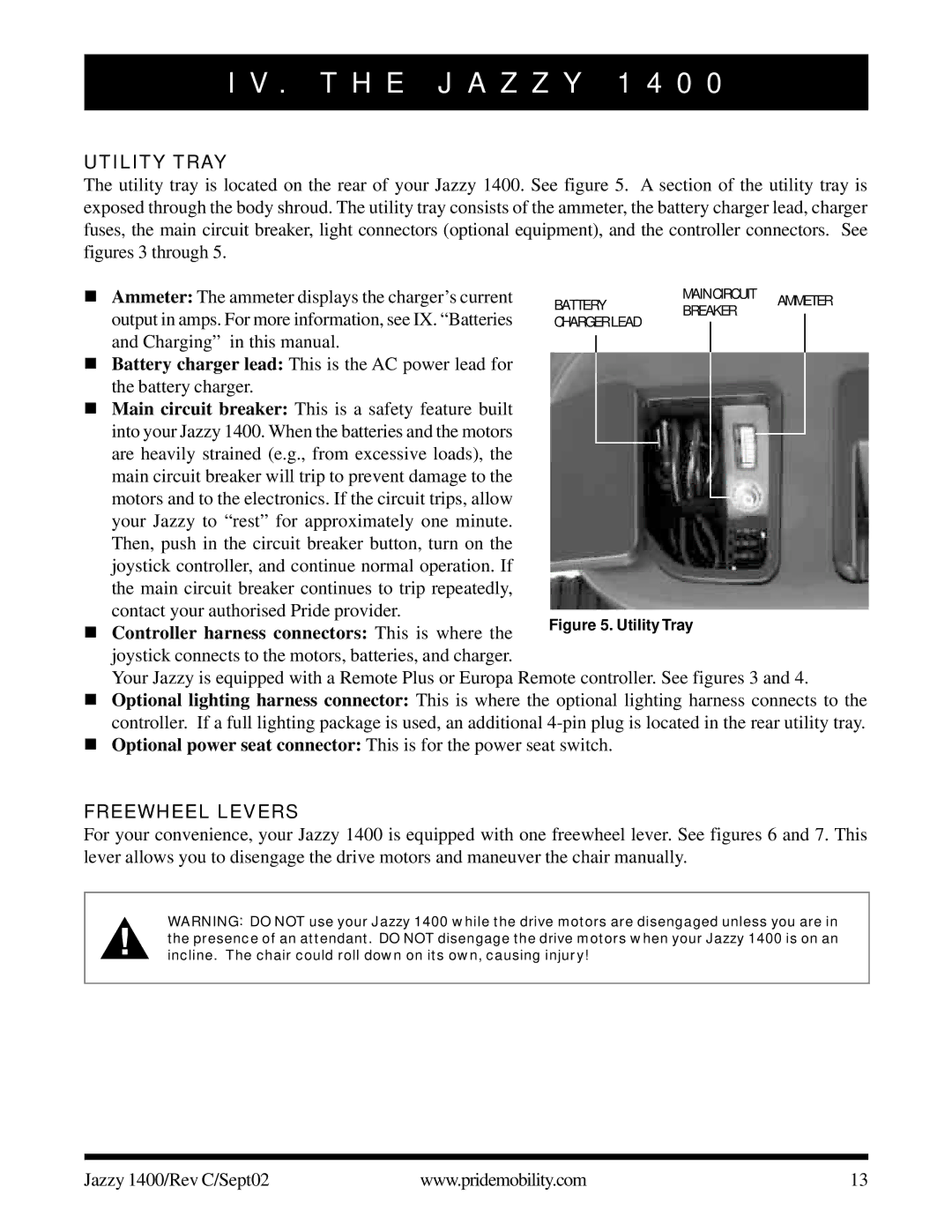 Pride Mobility 1400 owner manual Utility Tray, Ammeter The ammeter displays the charger’s current, Charging in this manual 