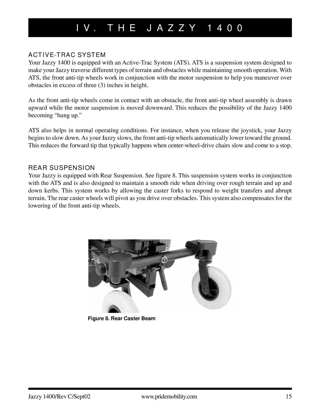 Pride Mobility 1400 owner manual ACTIVE-TRAC System, Rear Suspension 