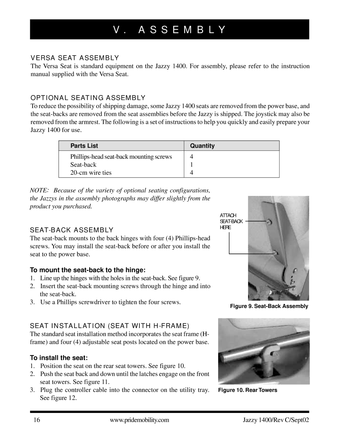 Pride Mobility 1400 owner manual S S E M B L Y, Versa Seat Assembly Optional Seating Assembly, SEAT-BACK Assembly 