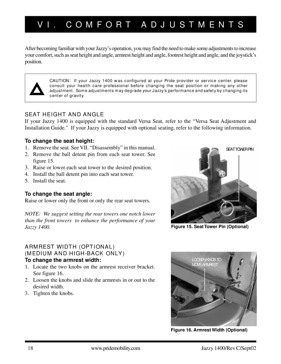 Pride Mobility 1400 owner manual C O M F O R T a D J U S T M E N T S, Seat Height and Angle 