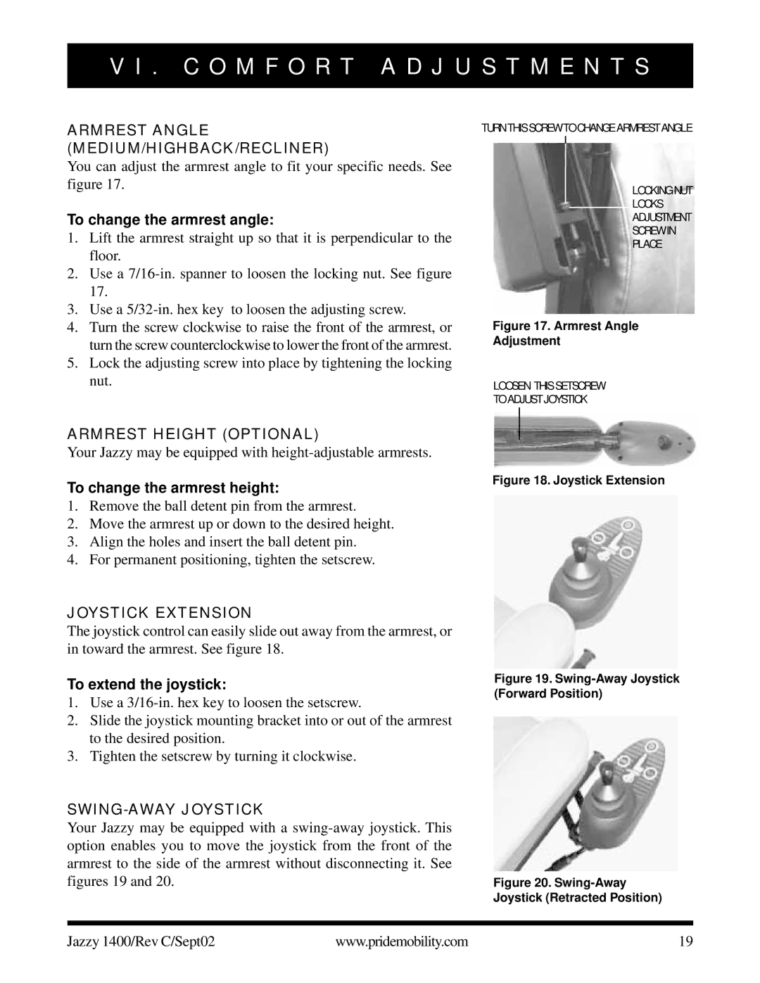 Pride Mobility 1400 owner manual Armrest Angle MEDIUM/HIGHBACK/RECLINER, Armrest Height Optional, Joystick Extension 