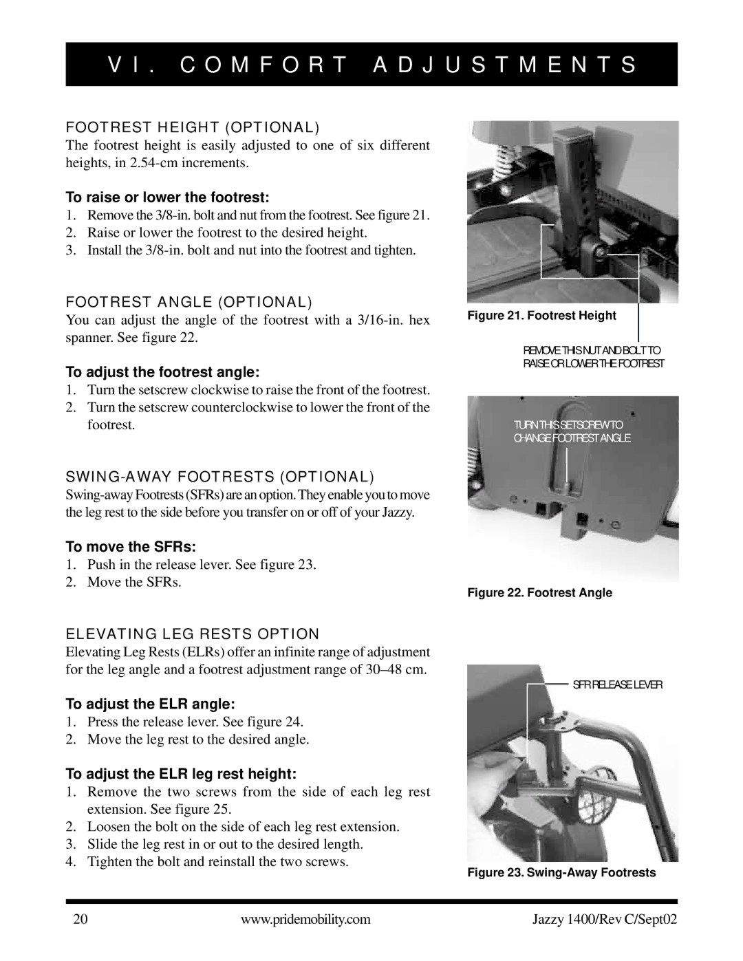 Pride Mobility 1400 owner manual Footrest Height Optional, Footrest Angle Optional, Elevating LEG Rests Option 