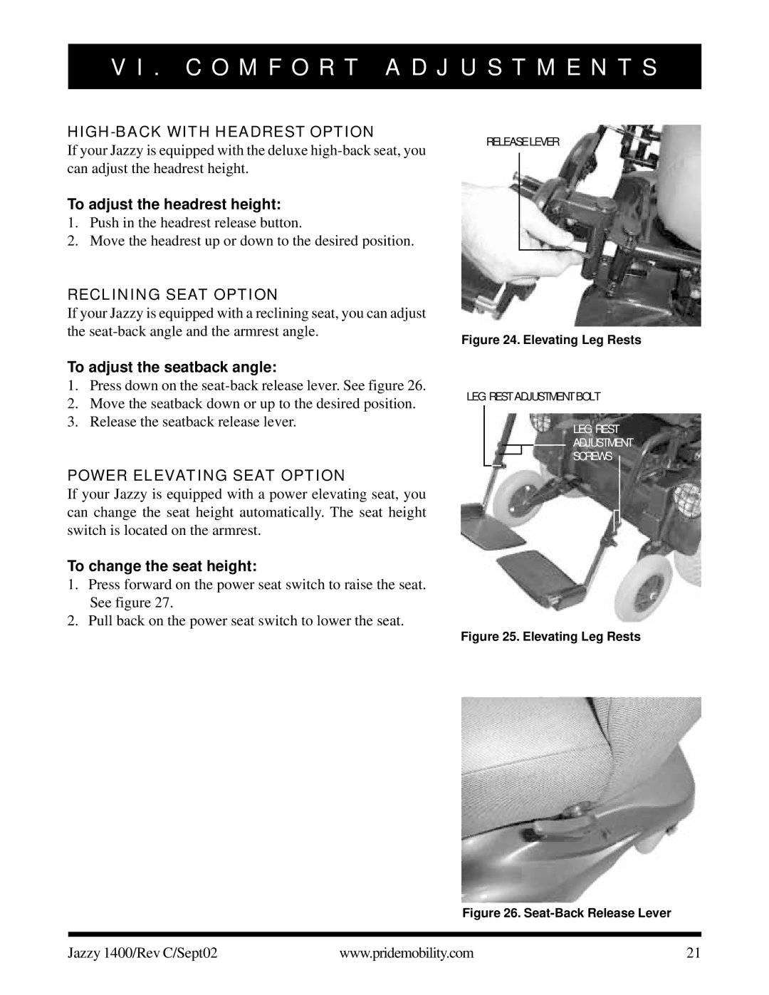 Pride Mobility 1400 owner manual HIGH-BACK with Headrest Option, To adjust the headrest height, Reclining Seat Option 