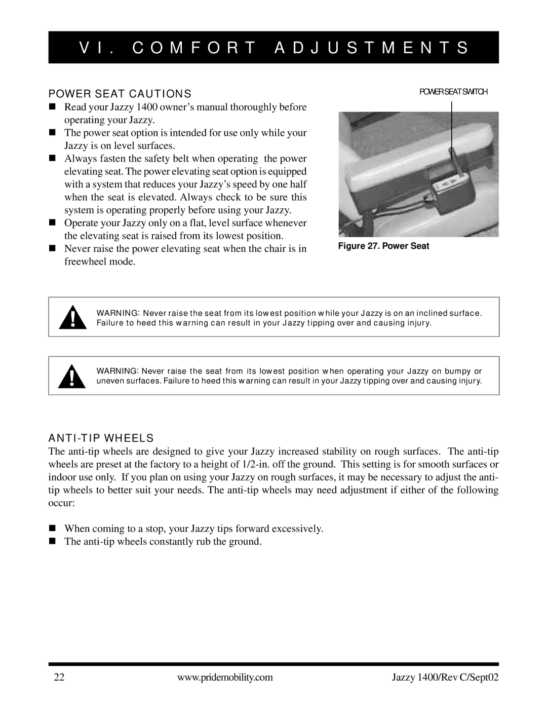 Pride Mobility 1400 owner manual Power Seat Cautions, ANTI-TIP Wheels 