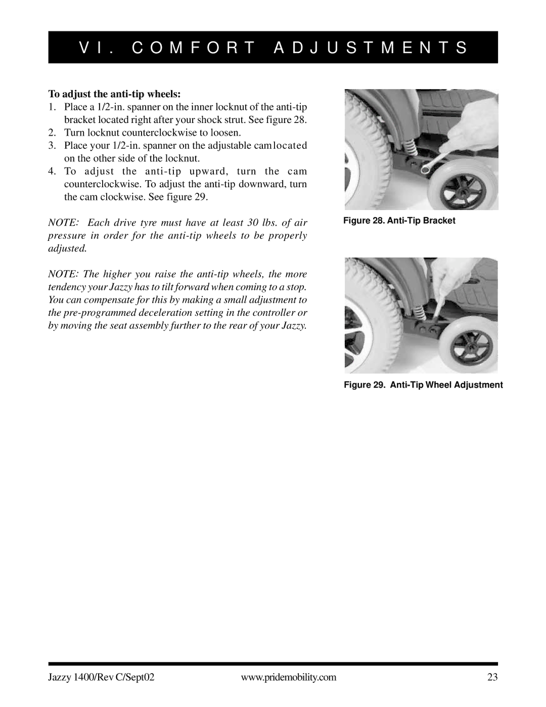 Pride Mobility 1400 owner manual To adjust the anti-tip wheels, Anti-Tip Bracket 