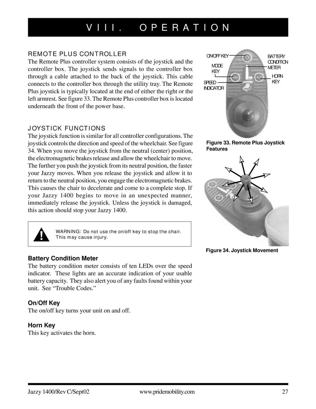 Pride Mobility 1400 owner manual Remote Plus Controller, Joystick Functions, Battery Condition Meter, On/Off Key, Horn Key 