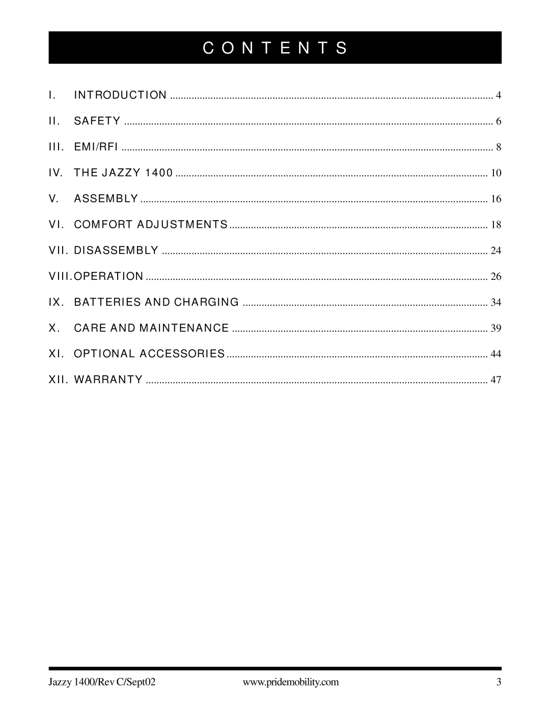 Pride Mobility 1400 owner manual N T E N T S, Iii 