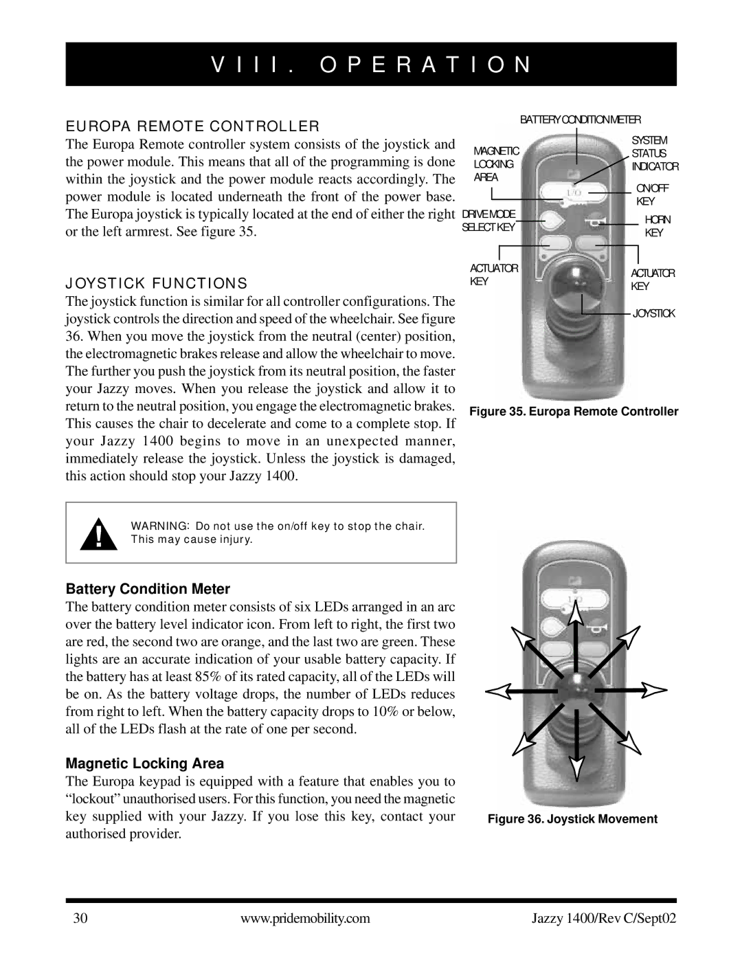 Pride Mobility 1400 owner manual Europa Remote Controller, Magnetic Locking Area 