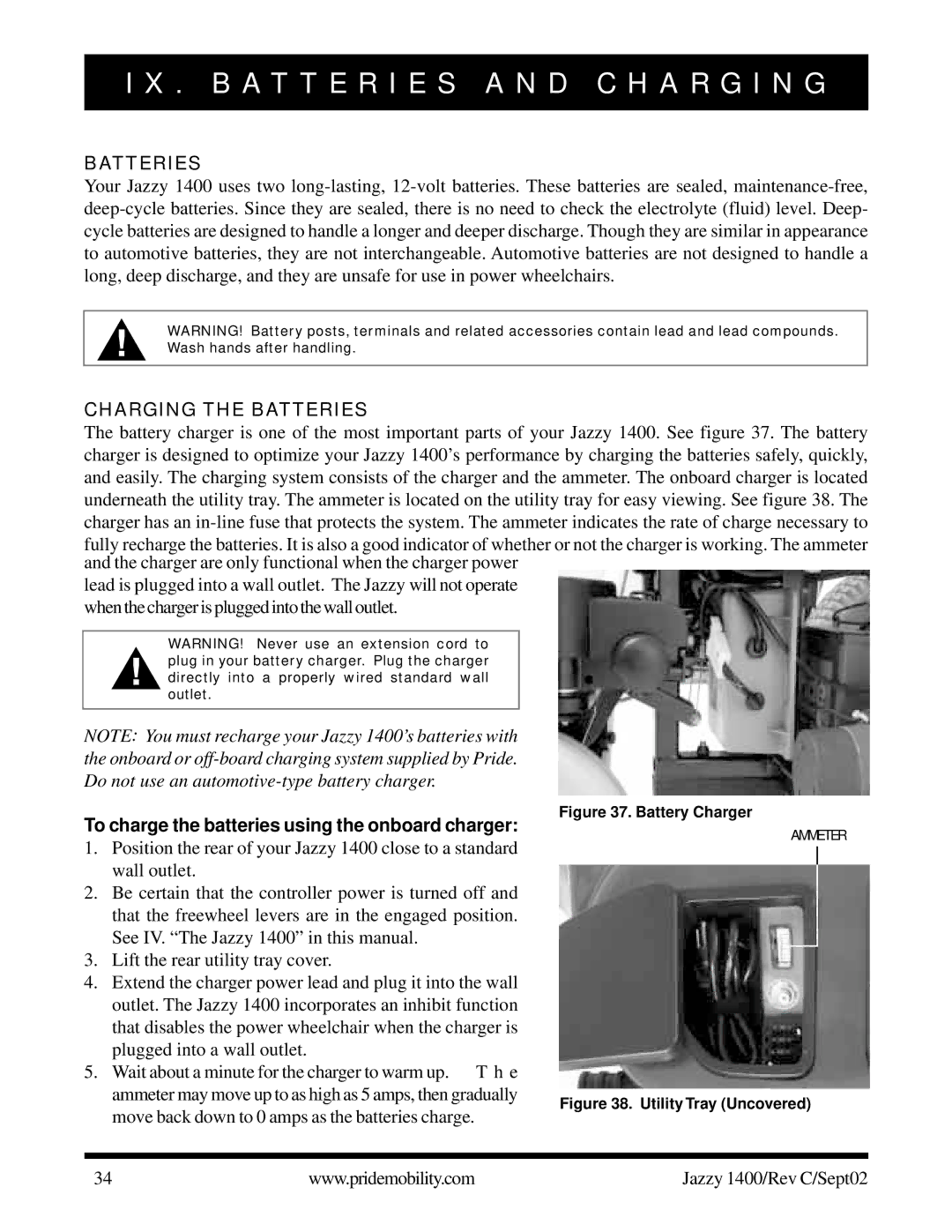 Pride Mobility 1400 owner manual B a T T E R I E S a N D C H a R G I N G, Charging the Batteries 