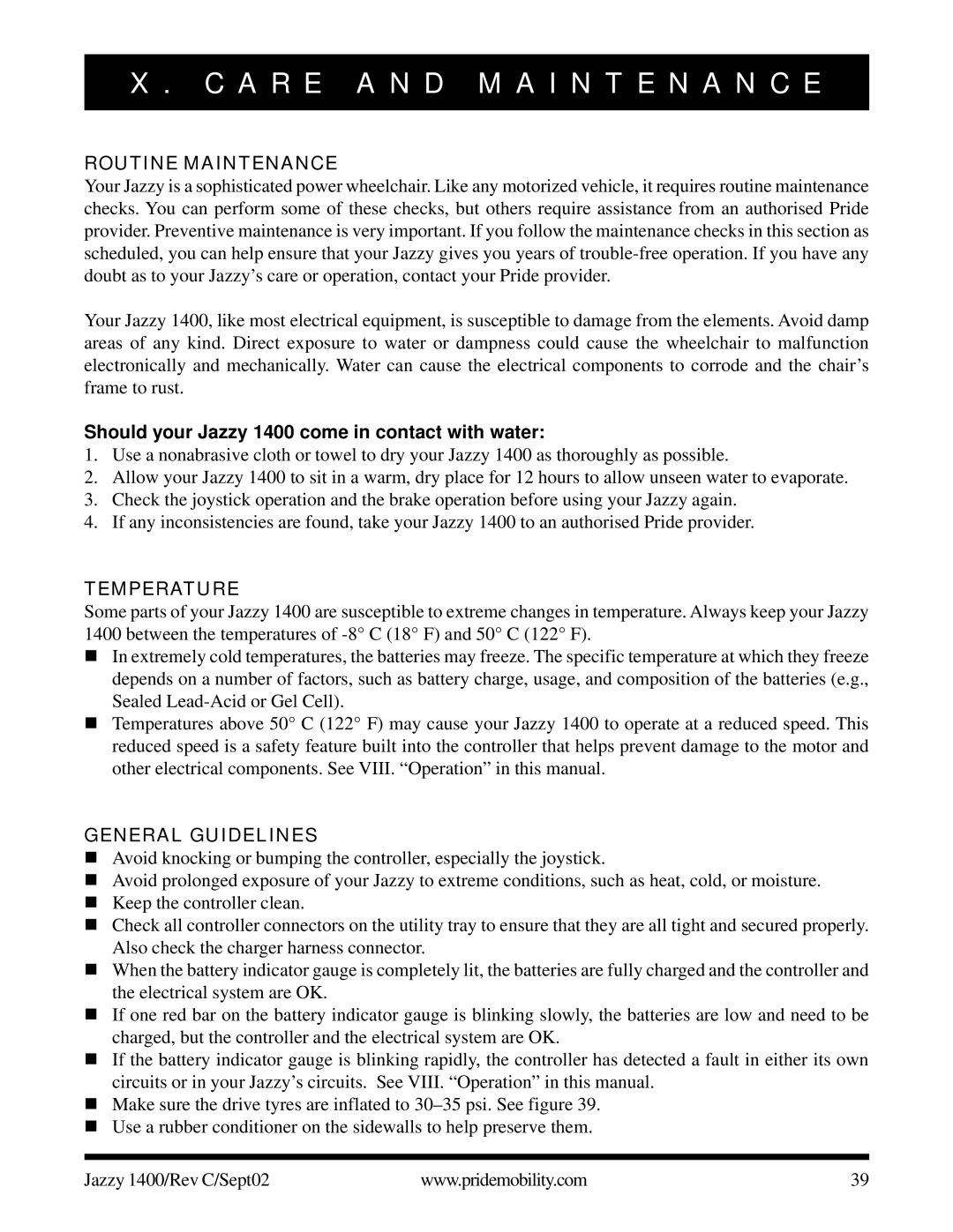 Pride Mobility 1400 owner manual A R E a N D M a I N T E N a N C E, Routine Maintenance, Temperature, General Guidelines 