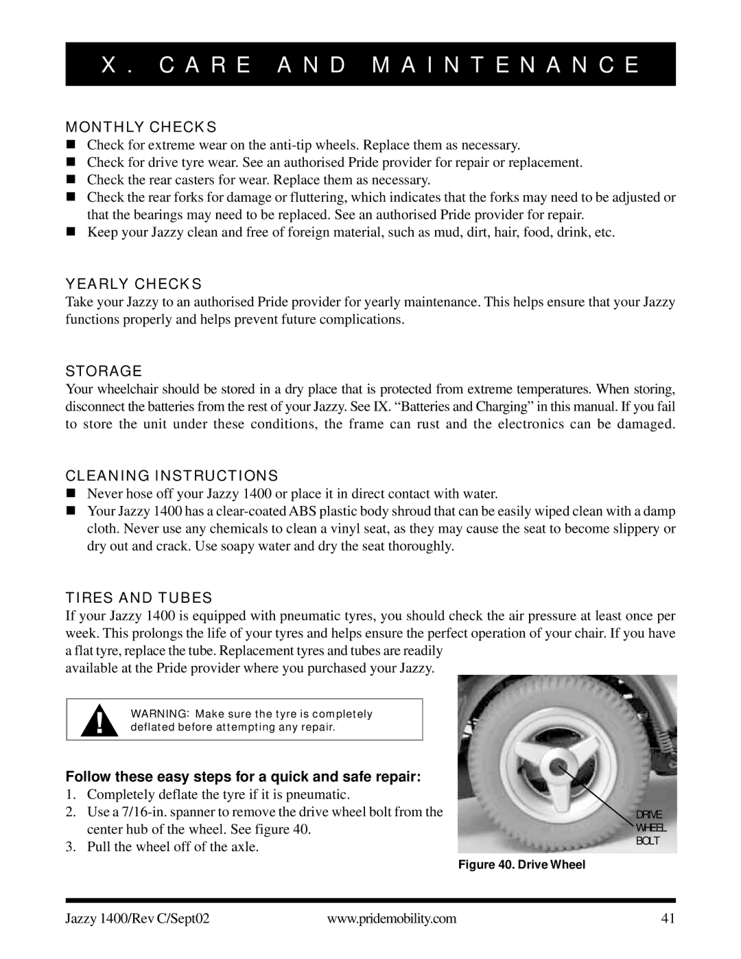 Pride Mobility 1400 owner manual Monthly Checks, Yearly Checks, Storage, Cleaning Instructions, Tires and Tubes 