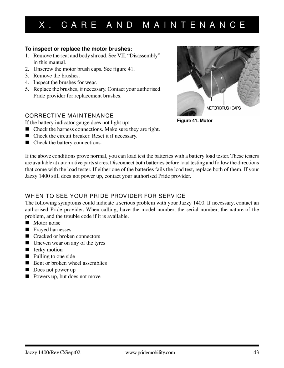 Pride Mobility 1400 owner manual To inspect or replace the motor brushes, Corrective Maintenance 