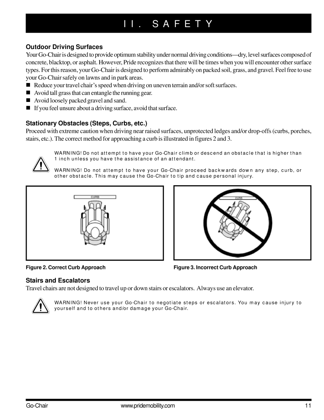 Pride Mobility 1400 owner manual Outdoor Driving Surfaces, Stationary Obstacles Steps, Curbs, etc, Stairs and Escalators 