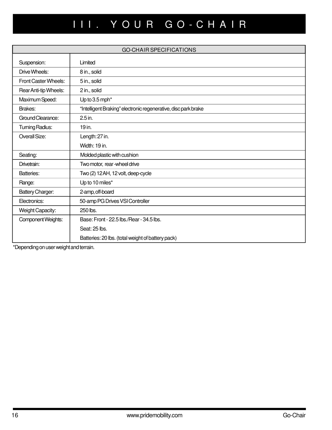 Pride Mobility 1400 owner manual Go-Chairspecifications 