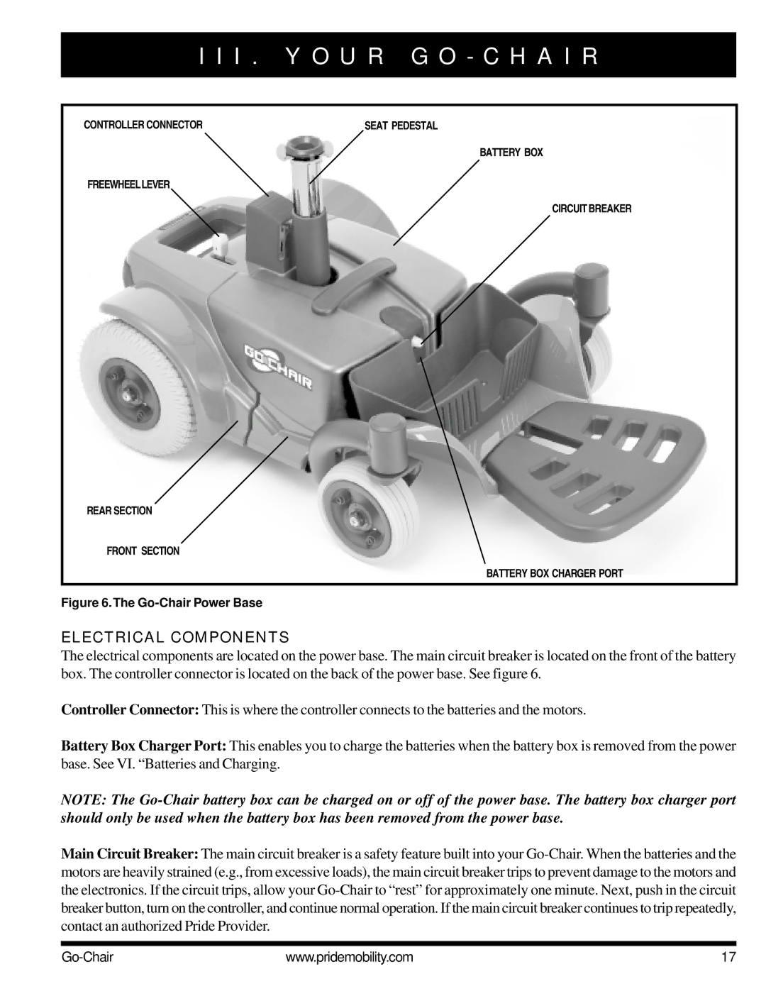 Pride Mobility 1400 owner manual Electrical Components, Go-Chair Power Base 