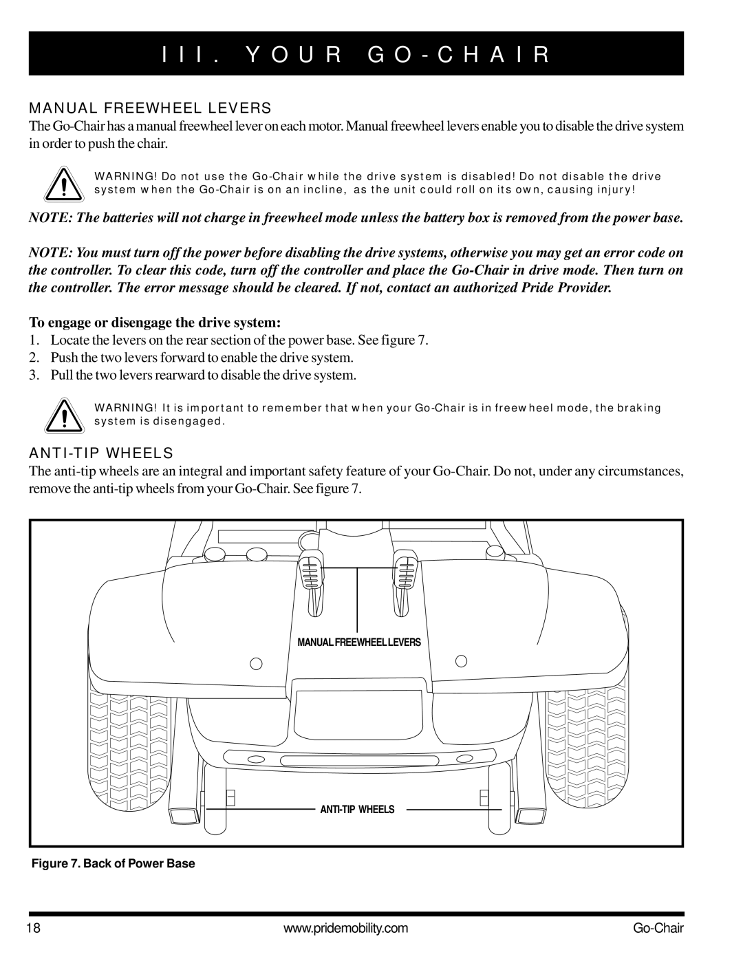 Pride Mobility 1400 owner manual Manual Freewheel Levers, To engage or disengage the drive system, ANTI-TIP Wheels 