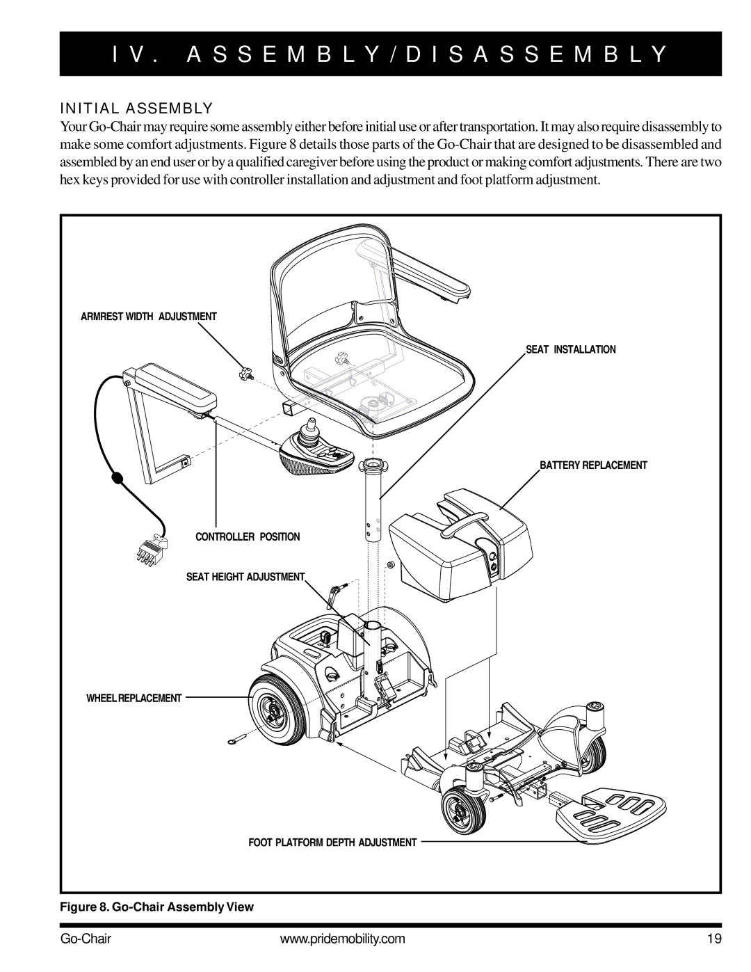 Pride Mobility 1400 owner manual A S S E M B L Y / D I S a S S E M B L Y, Initial Assembly 